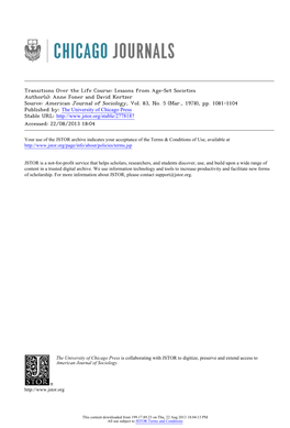 Transitions Over the Life Course: Lessons from Age-Set Societies Author(S): Anne Foner and David Kertzer Source: American Journal of Sociology, Vol