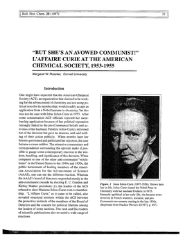 "But She's an Avowed Communist!" L'affaire Curie at the American Chemical Society, 1953-1955