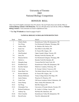 University of Toronto 2005 National Biology Competition HONOUR ROLL