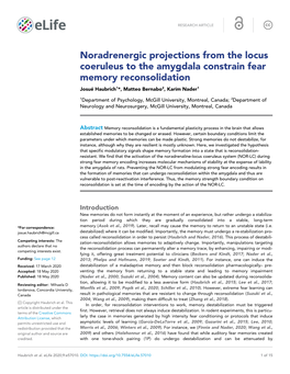 Noradrenergic Projections from the Locus Coeruleus to the Amygdala Constrain Fear Memory Reconsolidation Josue´ Haubrich1*, Matteo Bernabo2, Karim Nader1