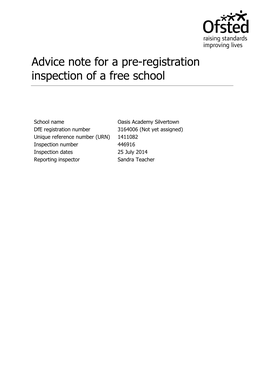 Advice Note for a Pre-Registration Inspection of a Free School