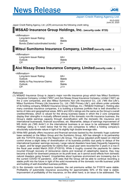 JCR Affirmed AA/Stable and A+ on MS&AD Insurance Group Holdings