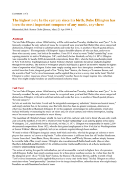 The Highest Note in the Century Since His Birth, Duke Ellington Has Been the Most Important Composer of Any Music, Anywhere Blumenthal, Bob