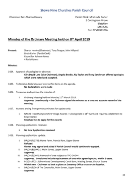 Stowe Nine Churches Parish Council Minutes of the Ordinary Meeting Held on 8Th April 2019