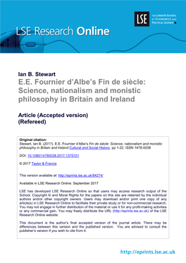 E.E. Fournier D'albe's Fin De Siècle: Science, Nationalism and Monistic