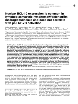 Nuclear BCL-10 Expression Is Common in Lymphoplasmacytic Lymphoma/Waldenstro¨ M Macroglobulinemia and Does Not Correlate with P65 NF-Jb Activation