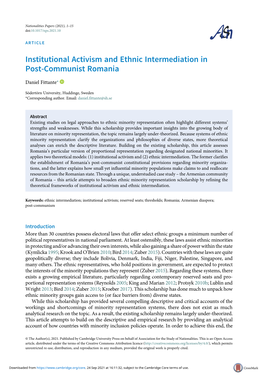 Institutional Activism and Ethnic Intermediation in Post-Communist Romania