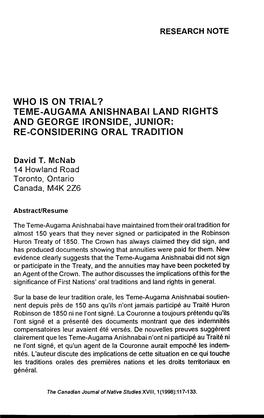 Who Is on Trial? Teme-Augama Anishnabai Land Rights and George Ironside, Junior: Re-Considering Oral Tradition