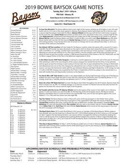 2019 BOWIE BAYSOX GAME NOTES Tuesday, May 7, 2019 - 6:00 P.M