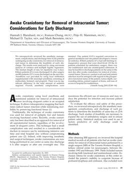 Awake Craniotomy for Removal of Intracranial Tumor: Considerations for Early Discharge