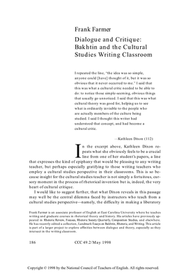 Frank Farmer Dialogue and Critique: Bakhtin and the Cultural Studies Writing Classroom