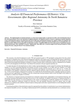 Analysis of Financial Performance of District / City Governments After Regional Autonomy in North Sumatera Province