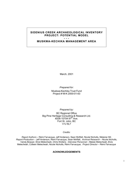 Sidenius Creek Archaeological Inventory Project: Potential Model - - - Muskwa-Kechika Management Area