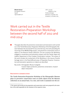 Work Carried out in the Textile Restoration-Preparation Workshop Between the Second Half of 2012 and Mid-20141