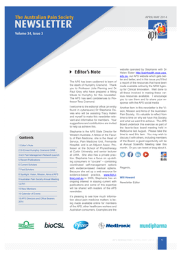 The Australian Pain Society APRIL-MAY 2014 NEWSLETTER Volume 34, Issue 3