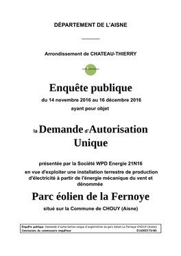 Enquête Publique La Demanded'autorisation Unique