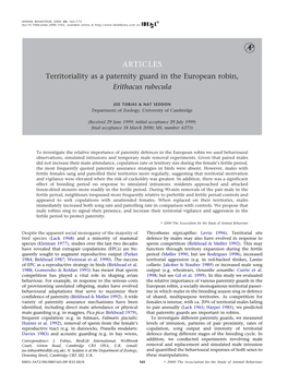 Territoriality As a Paternity Guard in the European Robin, Erithacus Rubecula