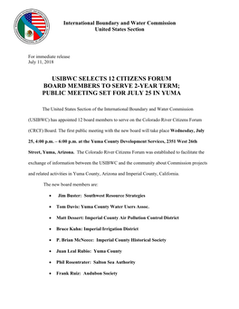 Usibwc Selects 12 Citizens Forum Board Members to Serve 2-Year Term; Public Meeting Set for July 25 in Yuma