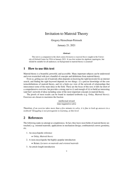 Invitation to Matroid Theory