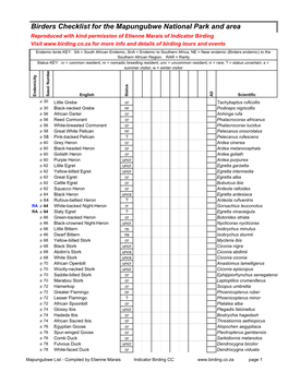 Birders Checklist for the Mapungubwe National Park and Area