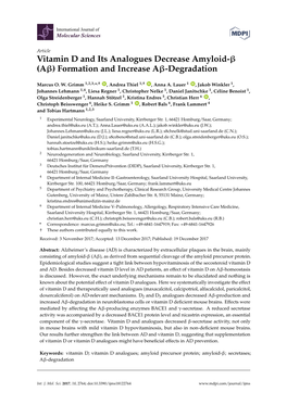 Vitamin D and Its Analogues Decrease Amyloid- (A) Formation