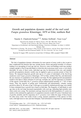 Growth and Population Dynamic Model of the Reef Coral Fungia Granulosa Klunzinger, 1879 at Eilat, Northern Red Sea