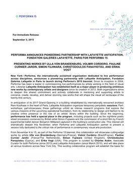 Performa Announces Pioneering Partnership with Lafayette Anticipation, Fondation Galeries Lafayette, Paris for Performa 15