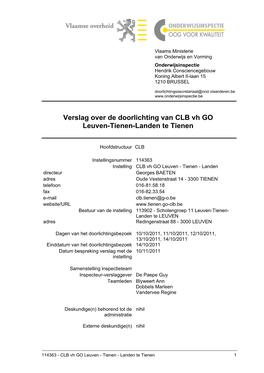 Verslag Over De Doorlichting Van CLB Vh GO Leuven-Tienen-Landen Te Tienen
