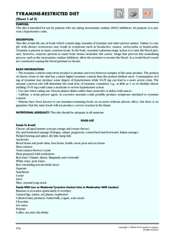 TYRAMINE-RESTRICTED DIET (Sheet 1 of 2) PURPOSE: This Diet Is Intended for Use by Patients Who Are Taking Monoamine Oxidase (MAO) Inhibitors