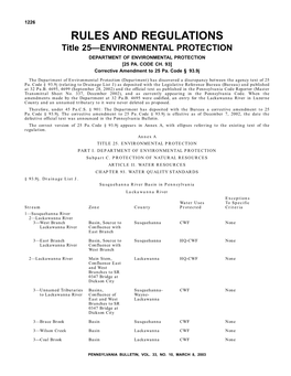 RULES and REGULATIONS Title 25—ENVIRONMENTAL PROTECTION DEPARTMENT of ENVIRONMENTAL PROTECTION [25 PA