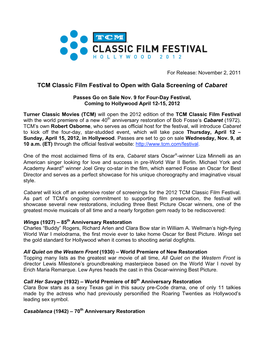 TCM CFF 2012 Talent 1 and Passes on Sale Announcement Nov 2