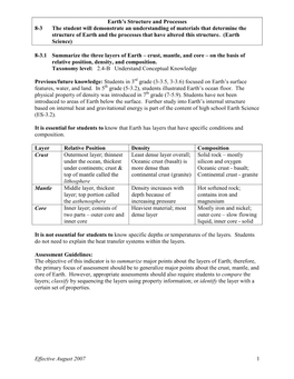 Earth's Structure and Processes 8-3 the Student Will Demonstrate An