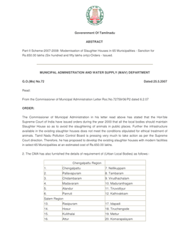 Modernisation of Slaughter Houses in 65 Municipalities - Sanction for Rs.650.00 Lakhs (Six Hundred and Fifty Lakhs Only)-Orders - Issued