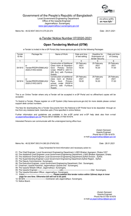 Government of the People's Republic of Bangladesh E-Tender Notice Number 07/2020-2021 Open Tendering Method (OTM)