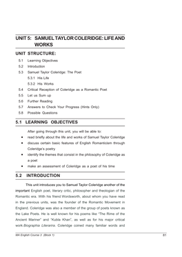 Unit 5: Samuel Taylor Coleridge: Life and Works