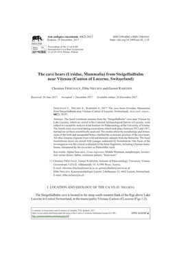 The Cave Bears (Ursidae, Mammalia) from Steigelfadbalm Near Vitznau (Canton of Lucerne, Switzerland)
