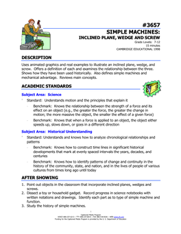 3657 SIMPLE MACHINES: INCLINED PLANE, WEDGE and SCREW Grade Levels: 7-12 15 Minutes CAMBRIDGE EDUCATIONAL 1998