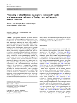 Processing of Allochthonous Macrophyte Subsidies by Sandy Beach Consumers: Estimates of Feeding Rates and Impacts on Food Resources