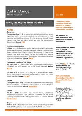 The Aid in Danger Monthly News Brief – June 2019 Page 1 Ngos of Demanding Bribes from Them for Their Repatriation to Somalia and Other Services