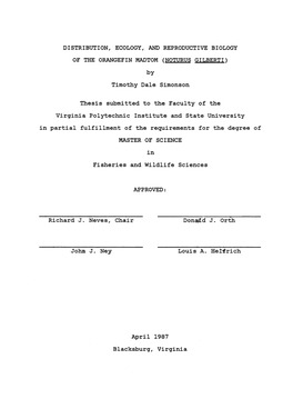 DISTRIBUTION, ECOLOGY, and REPRODUCTIVE BIOLOGY of the ORANGEFIN MADTOM (NOTURUS GILBERTI) by Timothy Dale Simonson