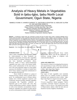 Analysis of Heavy Metals in Vegetables Sold in Ijebu-Igbo, Ijebu North Local Government, Ogun State, Nigeria