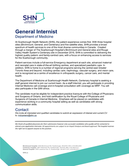 General Internist Department of Medicine at Scarborough Health Network (SHN), the Patient Experience Comes First