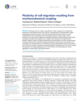 Plasticity of Cell Migration Resulting from Mechanochemical Coupling Yuansheng Cao†, Elisabeth Ghabache†, Wouter-Jan Rappel*