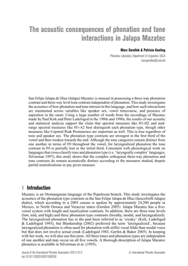 The Acoustic Consequences of Phonation and Tone Interactions in Jalapa Mazatec