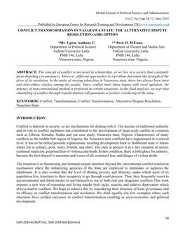 CONFLICT TRANSFORMATION in NASARAWA STATE: the ALTERNATIVE DISPUTE RESOLUTION (ADR) OPTION *Mr. Ugwu, Anthony C. ** Prof. D