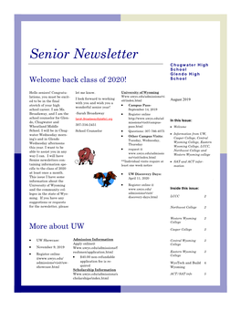Senior Newsletter Chugwater High S C H O O L Glendo High Welcome Back Class of 2020! S C H O O L