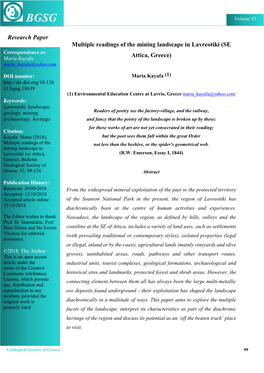 Multiple Readings of the Mining Landscape in Lavreotiki (SE Correspondence To: Attica, Greece) Maria Kayafa Maria Kayafa@Yahoo.Com