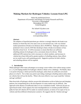 Making Markets for Hydrogen Vehicles: Lessons from LPG