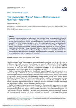 The Macedonian “Name” Dispute: the Macedonian Question—Resolved?