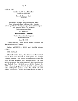 App. 1 435 F.3D 1337 Sandra CANO, F.K.A. Mary Doe, Plaintiff-Appellant, Peter G. Bourne, Et Al., Plaintiffs, V. Thurbert E. BAKE